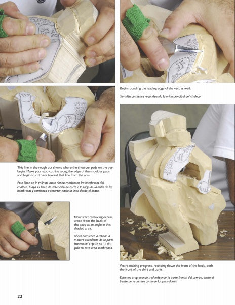 A step-by-step photo guide from Schiffer Publishing, Ltd.'s "Carving a Bull Fighter & the Bull" shows hands carving a caricature matador using paper templates, rounding edges, shaping details, and using protective finger tape with carving tools.