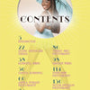 A woman with long hair holds a blue umbrella, smiling at the camera in a modern Black pin-up style. Above her, "CONTENTS" appears with colorful page numbers and topics below on a yellow background. Product: Chocolate Cheesecake 2 by Schiffer Publishing, Ltd.