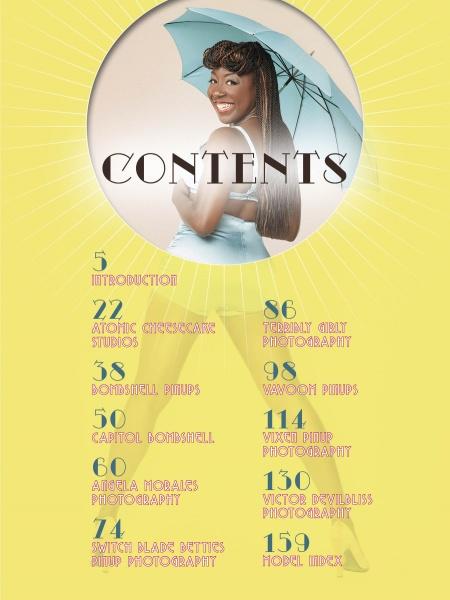 A woman with long hair holds a blue umbrella, smiling at the camera in a modern Black pin-up style. Above her, "CONTENTS" appears with colorful page numbers and topics below on a yellow background. Product: Chocolate Cheesecake 2 by Schiffer Publishing, Ltd.