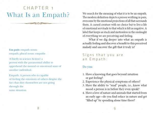 An open spread from The Empathic Oracle by Schiffer Publishing, Ltd. defines “What Is an Empath?” and empathic abilities on the left page, with signs you may be an empath and emotion management tips on the right.