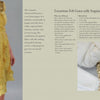 A person showcases a sleeveless yellow felt gown with gold sequins, crafted using techniques from "Artisan Felting" by Schiffer Publishing, Ltd., alongside a visual guide featuring wool, sequins, scissors, and thread.