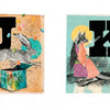 From Animal Abecedary by Schiffer Publishing, Ltd.: Left panel—a hare leaps from a J-marked box with candies. Right panel—a kangaroo in a dress holds ice cream near the letter K on grass.