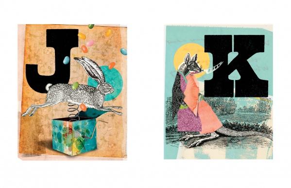 From Animal Abecedary by Schiffer Publishing, Ltd.: Left panel—a hare leaps from a J-marked box with candies. Right panel—a kangaroo in a dress holds ice cream near the letter K on grass.
