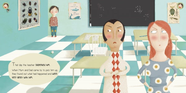 Two adults look upset in a classroom as a child stands alone by the door. Desks, bug and fish posters, a chessboard floor, and a blackboard set the scene—ideal for "The Magic in a Smile" from Schiffer Publishing, Ltd., about emotional management.