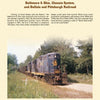 A vintage photo of a blue and yellow Baltimore & Ohio train on tracks amid green trees, featured in Iron Trails of North America by Schiffer Publishing, Ltd., with info on B&O, Chessie System, North American railroads, and Buffalo and Pittsburgh Railroad.