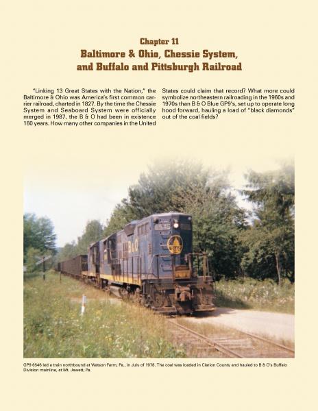 A vintage photo of a blue and yellow Baltimore & Ohio train on tracks amid green trees, featured in Iron Trails of North America by Schiffer Publishing, Ltd., with info on B&O, Chessie System, North American railroads, and Buffalo and Pittsburgh Railroad.