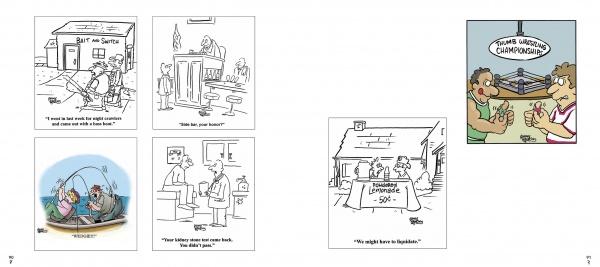Discover "Mirth in the Morning...and All Laughternoon" by Schiffer Publishing, Ltd.—six single-panel cartoons by Jonny Hawkins featuring quirky scenes from a dark club to a thumb wrestling championship.