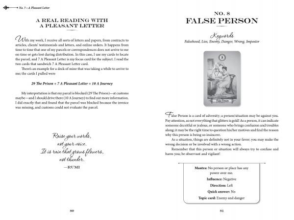Two pages from The Art of Kipper Reading (Schiffer Publishing, Ltd.) feature a letter-themed reading with a Rumi quote on the left, and Kipper oracle cards, spreads, meanings, and an illustrated masked figure on the right.