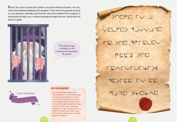 A page from Schiffer Publishing's Escape Game Adventure: The Last Dragon shows a wizard behind bars warning, "The dragon egg is hidden in the underground passages!” Nearby, a parchment displays a runic-coded message—a real dragon egg puzzle.