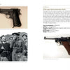 A book spread in *Italian Partisan Weapons in WWII* (Schiffer Publishing, Ltd.) features profiles of a Beretta M1934 and a German P08 Luger, with photos and detailed historical specs for each pistol.