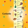 A bright contents page with a yellow background and multicolored stars lists fun kid projects—croissant, cat, paper box, igloo, cobra—and Schiffer Publishing, Ltd.'s Clay ideas like cow and fish tray, all shown with playful illustrations.