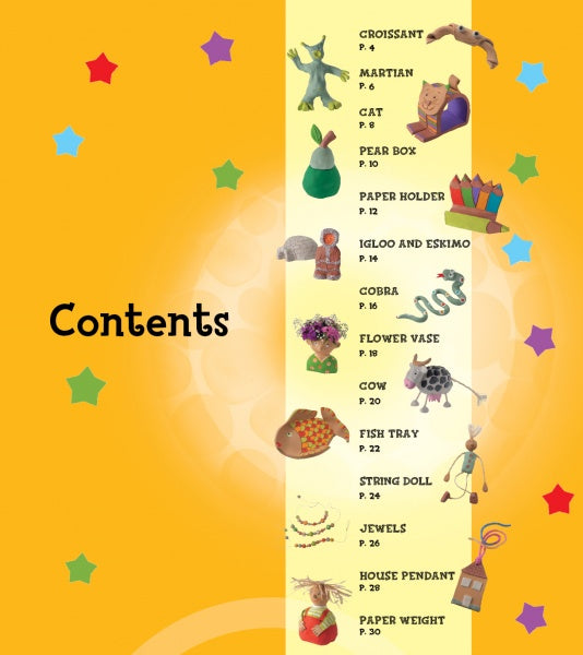 A bright contents page with a yellow background and multicolored stars lists fun kid projects—croissant, cat, paper box, igloo, cobra—and Schiffer Publishing, Ltd.'s Clay ideas like cow and fish tray, all shown with playful illustrations.