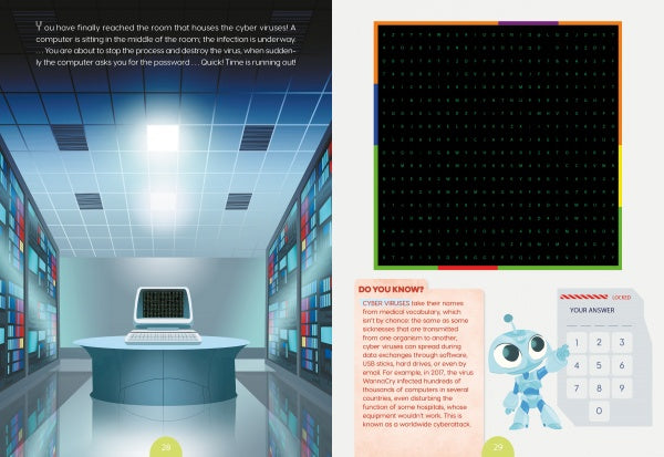A futuristic server room with glowing panels features "Escape Game Adventure: The Mad Hacker" by Schiffer Publishing, Ltd. on the desk, alongside a cartoon robot and keypad—an ideal setup for sharpening your problem-solving skills.