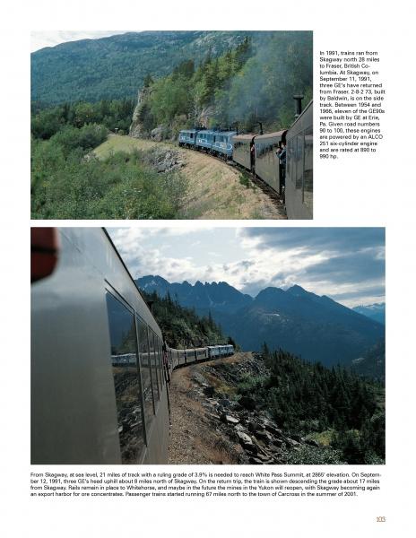 Iron Trails of North America by Schiffer Publishing, Ltd. features photos of a Pennsylvania Railroad train curving through lush, mountainous landscapes, with passengers admiring dramatic peaks and clear blue sky in the background.
