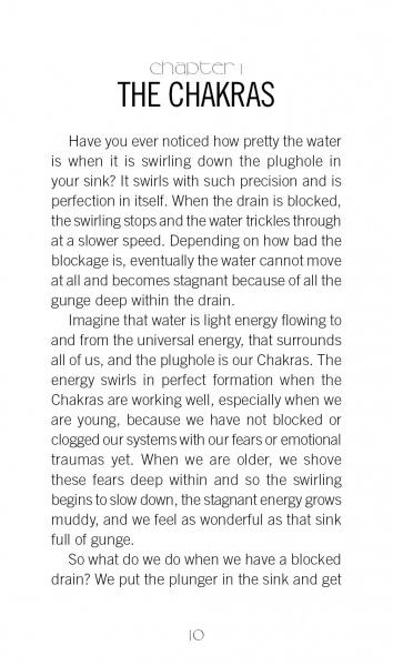 A page (p.10) in Healing Light and Angel Cards by Schiffer Publishing, Ltd. compares water swirling in a sink to energy flow in our bodies, relating blocked drains to blocked chakras and stressing chakra healing for emotional balance.