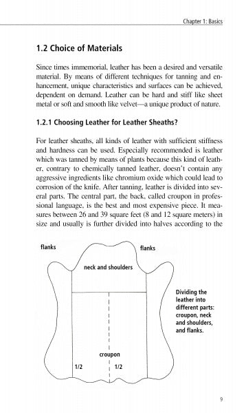 Making Leather Knife Sheaths - Volume 1 by Schiffer Publishing, Ltd. features a page on leather selection for projects, with a labeled hide diagram (neck, shoulders, flanks, croupon) and explains leather working techniques and qualities.