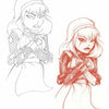 A cartoon girl with long hair, a headband, and a dress over a fishnet top appears angry with crossed arms in two Street Shop Tattoo Stencils by Schiffer Publishing, Ltd.: a black-and-white sketch and an intricate red pencil tattoo stencil.