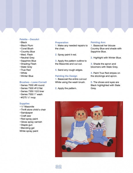 Creating Decorative Chairs for Children" by Schiffer Publishing, Ltd. includes supply lists, paint colors, brush types, and step-by-step instructions to paint Raggedy Ann and Andy dolls—ideal for DIY kids’ room decor. Finished chair image included.