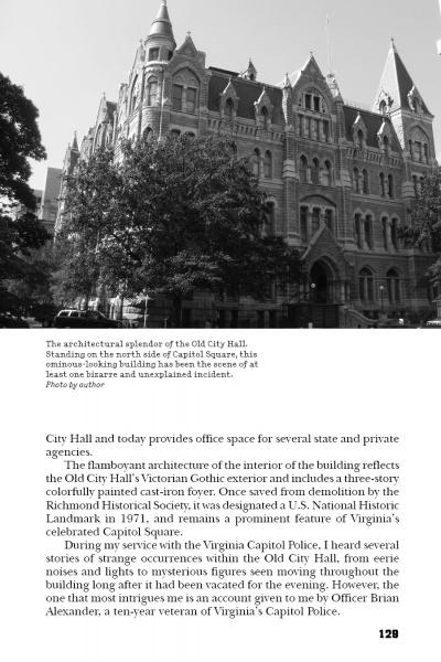 A black and white photo features Richmond’s Old City Hall—one of Virginia’s haunted sites tied to paranormal tales explored in Schiffer Publishing, Ltd.’s "Policing the Paranormal." Building details appear below the image.