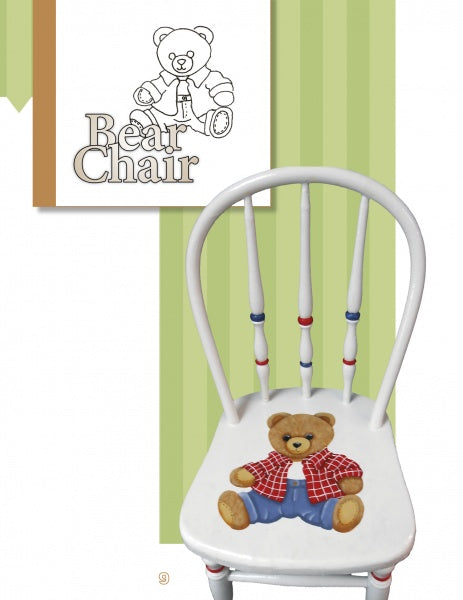 In "Creating Decorative Chairs for Children" by Schiffer Publishing, Ltd., a white wooden chair with a hand-painted teddy bear in red plaid and blue jeans pops against a green striped wall, adding playful charm to any child's room.