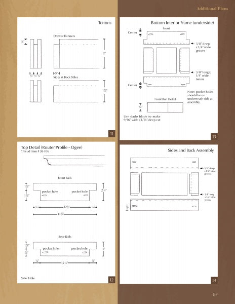The "Building a Panel Bedroom Suite" manual by Schiffer Publishing, Ltd. features detailed diagrams—Tenons, Bottom Interior Frame, Top Detail (Ogee), and Sides/Back Assembly—with measurements and assembly notes for woodworking tools.