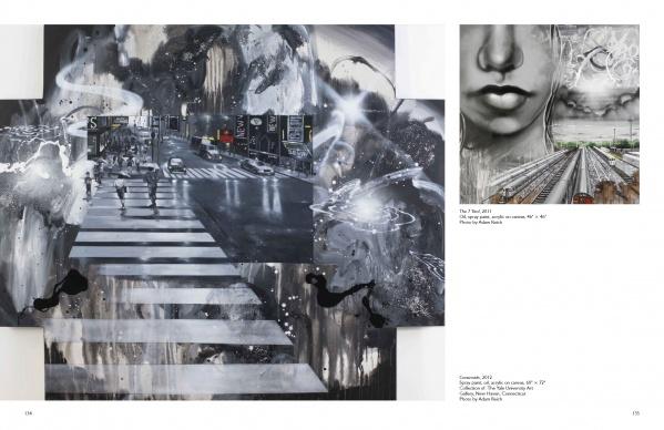 The DAZEWORLD artwork from Schiffer Publishing, Ltd. features a grayscale city street at night with abstract swirls and bright lights inspired by New York graffiti; inset shows lips above train tracks fading into the distance.