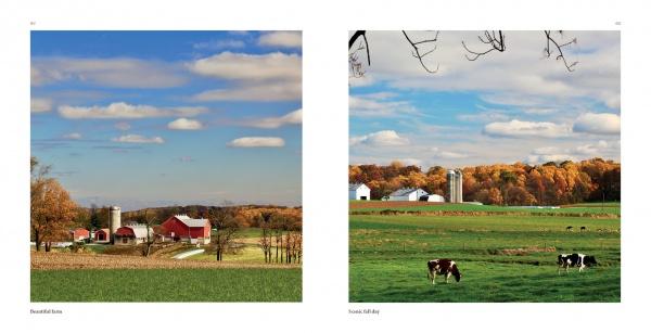 Two rural farm images from *Lancaster County: A Keepsake* (Schiffer Publishing, Ltd.) showcase the area's beauty: red barns and silos under blue skies; cows near white barns, autumn trees, and silos—capturing Amish life. Photo by Don Shenk.