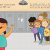 An excited young inventor from "Geraldine and the Most Spectacular Science Project" by Schiffer Publishing, Ltd. stands by school lockers, fist raised, announcing the science contest to amazed kids under a glowing light with notes on the lockers.