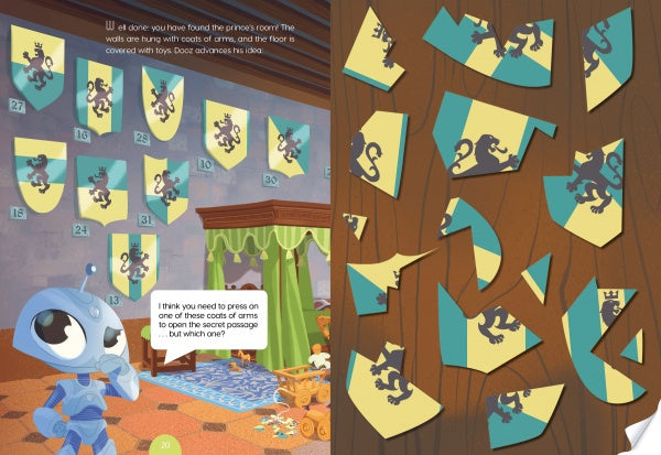 A blue robot stands in a room with yellow and blue lion crests, toys, and puzzle pieces from "Escape Game Adventure: The Last Dragon" by Schiffer Publishing, Ltd., with a speech bubble offering problem-solving skill clues.
