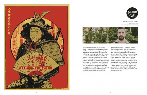 A two-page spread from PosterSpy by Schiffer Publishing, Ltd.: Left, a pop culture film poster of an older man in samurai armor with Japanese text and "Lost in Translation." Right, a bearded man stands by greenery beside text on his creative work.