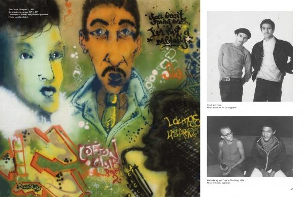 DAZEWORLD by Schiffer Publishing, Ltd. features vibrant graffiti art with expressive faces and text on the left, while two black-and-white photos of men posing together on the right capture the spirit of New York graffiti culture.