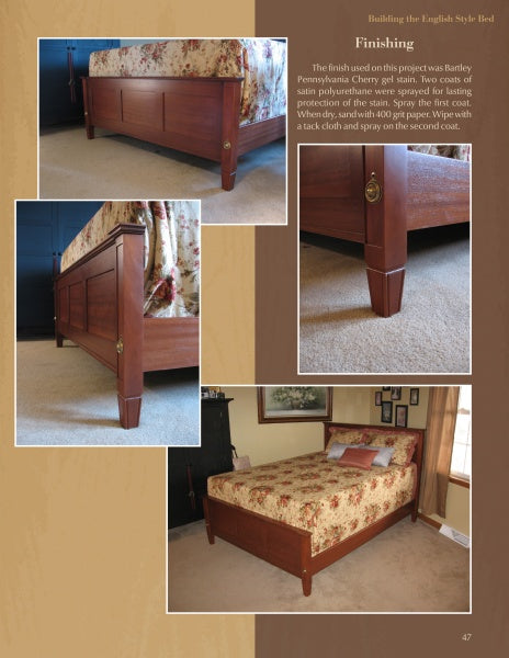 Four photos show the Schiffer Publishing, Ltd. "Building a Panel Bedroom Suite" bed, featuring close-ups of the footboard and legs and a room view of the full bed. Text explains the furniture construction and finishing process.