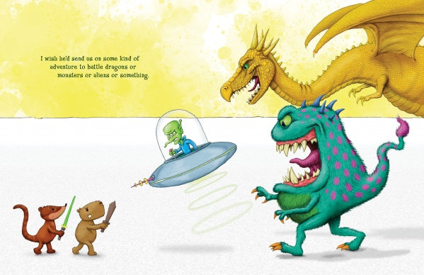 Three small animals—capybara, coatimundi, and friend—wield swords to confront a green alien in a spaceship, a pink-spotted monster, and a yellow dragon. "Untitled" by Schiffer Publishing, Ltd., features a white background beneath a yellow sky.