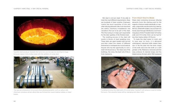 A spread from The Big Book of Knives by Schiffer Publishing, Ltd. features a glowing furnace, steel coils, and steel pellets, with captions and text explaining steel manufacturing and its importance in knife-making.