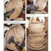 Four images from Schiffer Publishing, Ltd.'s "Wood Turning, from Tree to Table" depict sanding on a lathe, detailed disc sanding, and a stack of smooth bowls in an eco-friendly woodworking workshop.