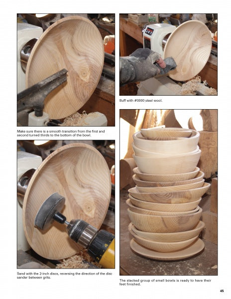 Four images from Schiffer Publishing, Ltd.'s "Wood Turning, from Tree to Table" depict sanding on a lathe, detailed disc sanding, and a stack of smooth bowls in an eco-friendly woodworking workshop.