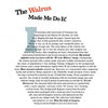 A magazine page titled "The Walrus Made Me Do It!" features a decorative initial I and a story about inspiration from vintage engravings, walruses, and creative projects like Schiffer Publishing, Ltd.'s Animal Abecedary. Text is black with red and gray highlights.