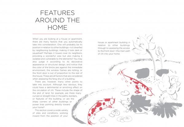 A minimalist page for Schiffer Publishing, Ltd.’s "Feng Shui" displays text on home design with a gray and white koi fish illustration—symbolizing chi'i energy and balance—swimming among lily pads and flowers in the bottom right corner.