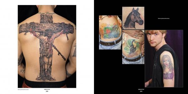 On the left, a large crucifixion back tattoo is shown; on the right, smaller images highlight a horse, bird, fish, and woman's portrait tattoos. All artwork is featured in Tattoo Road Trip by Schiffer Publishing, Ltd.