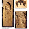 Three wood carvings from Schiffer Publishing, Ltd.'s "Relief Carving with Nora Hall": an Art Nouveau woman with grapes, a fruit and leaf relief, and a Mucha-inspired woman with grapes—all showcasing light wood mastery.