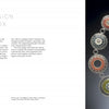 Open book spread of "Mastering Contemporary Jewelry Design" by Schiffer Publishing, Ltd. Left page features "Your Design Toolbox" text; right displays a circular necklace with intricate, colorful patterns on a dark background, illustrating design principles.