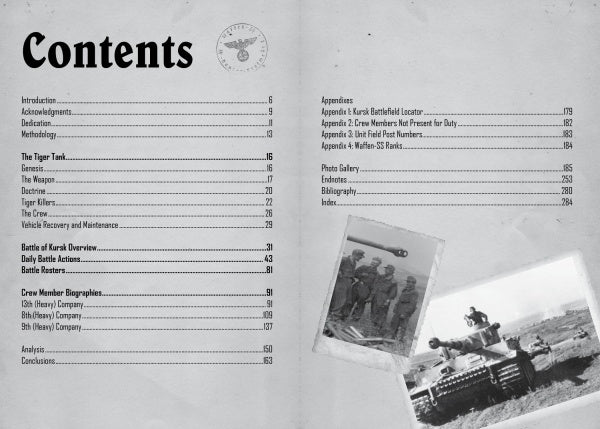 The table of contents from "Waffen-SS Tiger Crews at Kursk" by Schiffer Publishing, Ltd. lists sections on Tiger tanks, the Kursk battle, crew bios, and appendices. Photos show soldiers standing and a tank in the lower right corner.