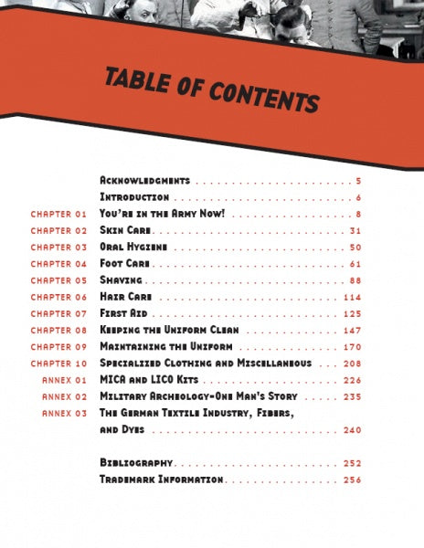 The table of contents for Ruhetag, The Day to Day Life of the German Soldier in WWII by Schiffer Publishing, Ltd. lists chapters on daily life, army basics, hygiene, first aid, uniform care, and more with bold red headings and a B&W photo at the top.