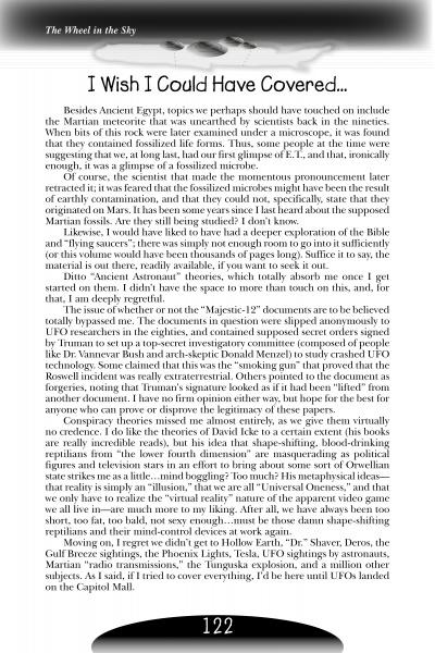 A page in Midwest UFOs and Beyond by Schiffer Publishing, Ltd. titled "I Wish I Could Have Covered..." discusses missed stories, like Martian fossils, UFOs, and Majestic-12, with text-filled layout and "122" at the bottom center.