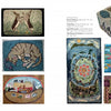 A gallery spread features nine vibrant rugs from Punch Needle Rug Hooking by Schiffer Publishing, Ltd., displaying animal, nature, abstract, octopus, sleeping cat, sunflower, and cube-with-leaves designs crafted with hooking techniques.