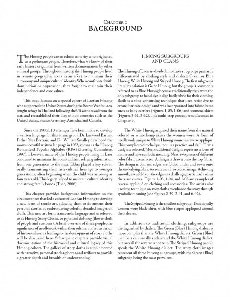 A page from Schiffer Publishing, Ltd.'s "Hmong Story Cloths" describes the origins, subgroups, and clans of the Hmong people in two black-text sections on white, referencing Hmong culture and story cloths. No images or illustrations are present.