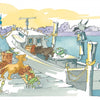 In "Chesapeake Play Day" by Schiffer Publishing, Ltd., two dogs embark on a playful adventure chasing crabs on a docked boat, while birds watch nearby beneath a partly cloudy sky in scenic Chesapeake country.