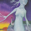 The Guardian Tarot by Schiffer Publishing, Ltd. features a watercolor Page of Cups card with a ghostly tree guardian before a cliff and lighthouse, set against a vivid sunset sky blending purple, blue, orange, and yellow.