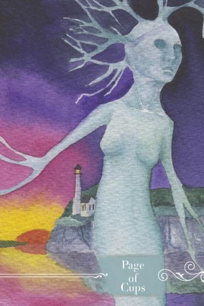 The Guardian Tarot by Schiffer Publishing, Ltd. features a watercolor Page of Cups card with a ghostly tree guardian before a cliff and lighthouse, set against a vivid sunset sky blending purple, blue, orange, and yellow.