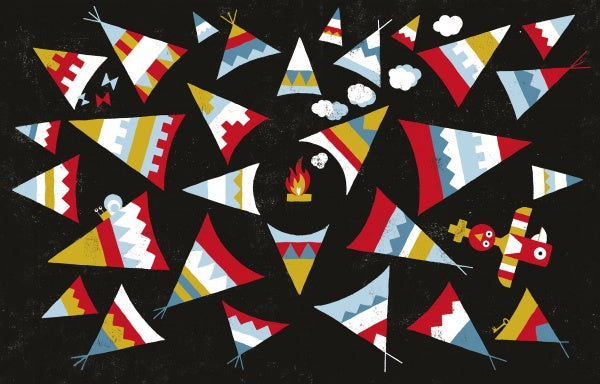 Where Is My House? by Schiffer Publishing, Ltd. features vibrant, triangular tents with red, blue, white, and gold patterns around a campfire on black—ideal for kids' seek-and-find activity books that boost observation and memory skills.